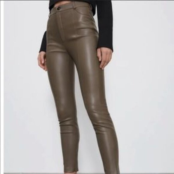 Zara Faux Leather High Waisted Leggings Taupe size XS - Picture 2 of 12